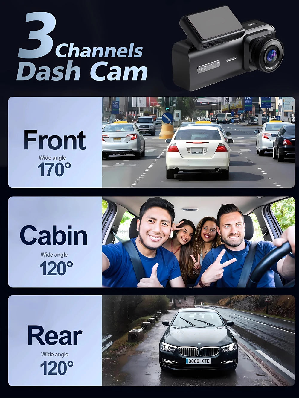 Cámara Dashcam DVR WiFi 3 Canales — Grabación Interior y Exterior