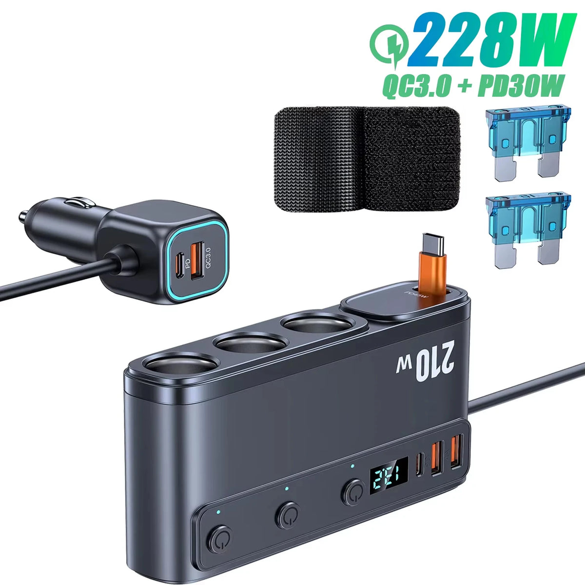 Adaptador Divisor para Auto — Cargador PD 35W + QC 3.0, USB-C y USB-A, 12V/24V