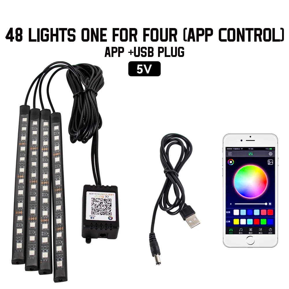 Tira LED RGB Ambiental para Interior de Auto — Control por App, Música y Mando a Distancia