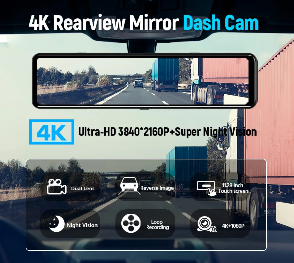 Cámara Dashcam 4K WiFi con Espejo Retrovisor 12" — Visión Trasera HD