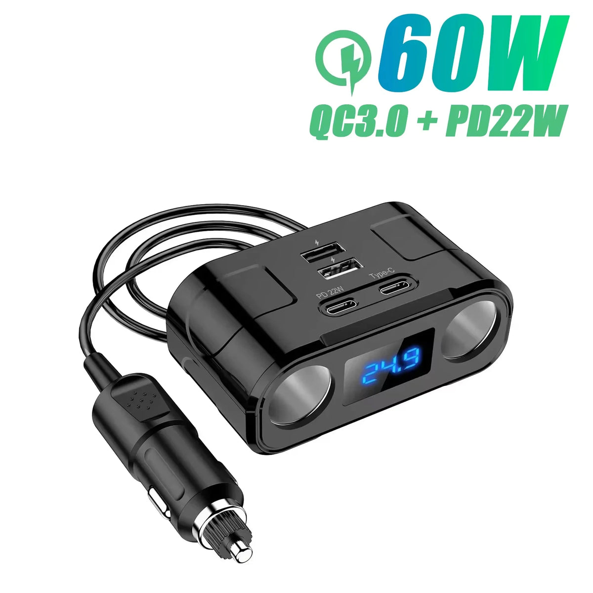 Adaptador Divisor para Auto — Cargador PD 35W + QC 3.0, USB-C y USB-A, 12V/24V