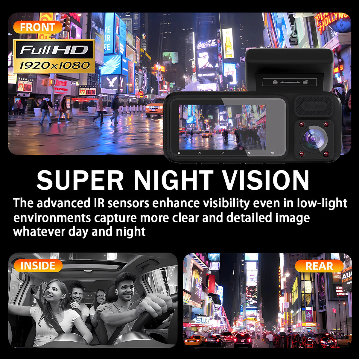 Cámara Dashcam DVR WiFi 3 Canales — Grabación Interior y Exterior