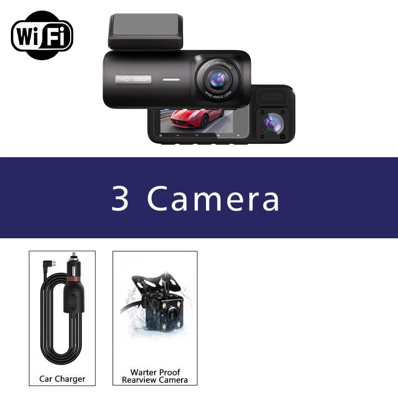 Cámara Dashcam DVR WiFi 3 Canales — Grabación Interior y Exterior