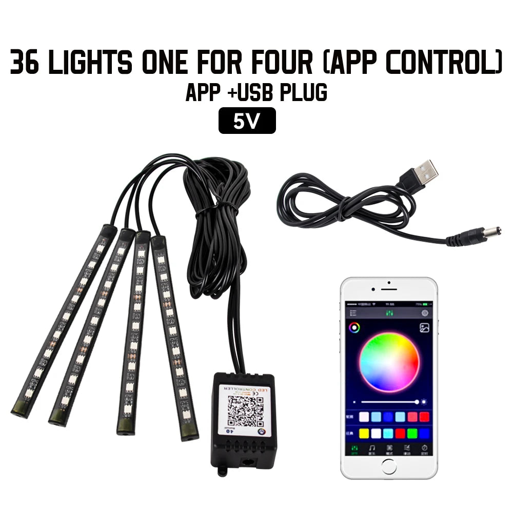 Tira LED RGB Ambiental para Interior de Auto — Control por App, Música y Mando a Distancia