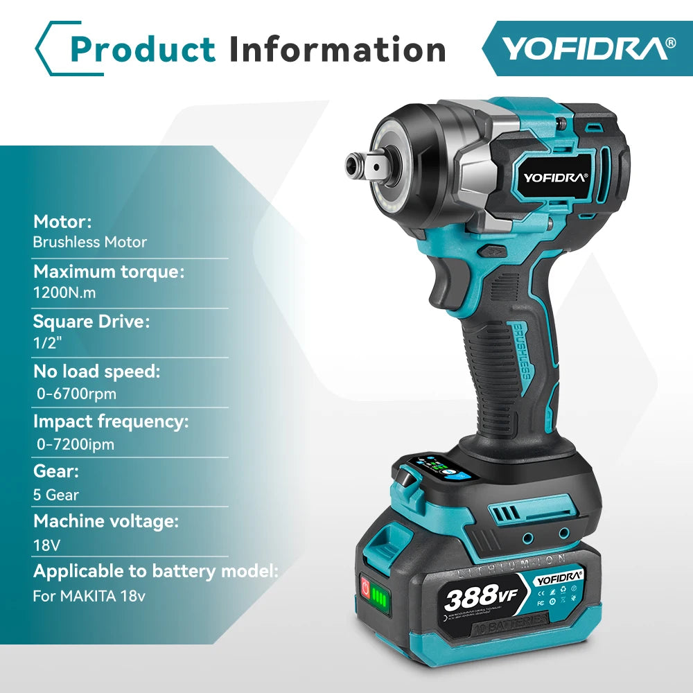 Llave de Impacto Eléctrica Sin Escobillas 1200 N·m — 5 Velocidades, 1/2", Compatible Batería Makita 18V