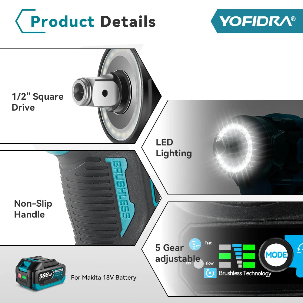 Llave de Impacto Eléctrica Sin Escobillas 1200 N·m — 5 Velocidades, 1/2", Compatible Batería Makita 18V