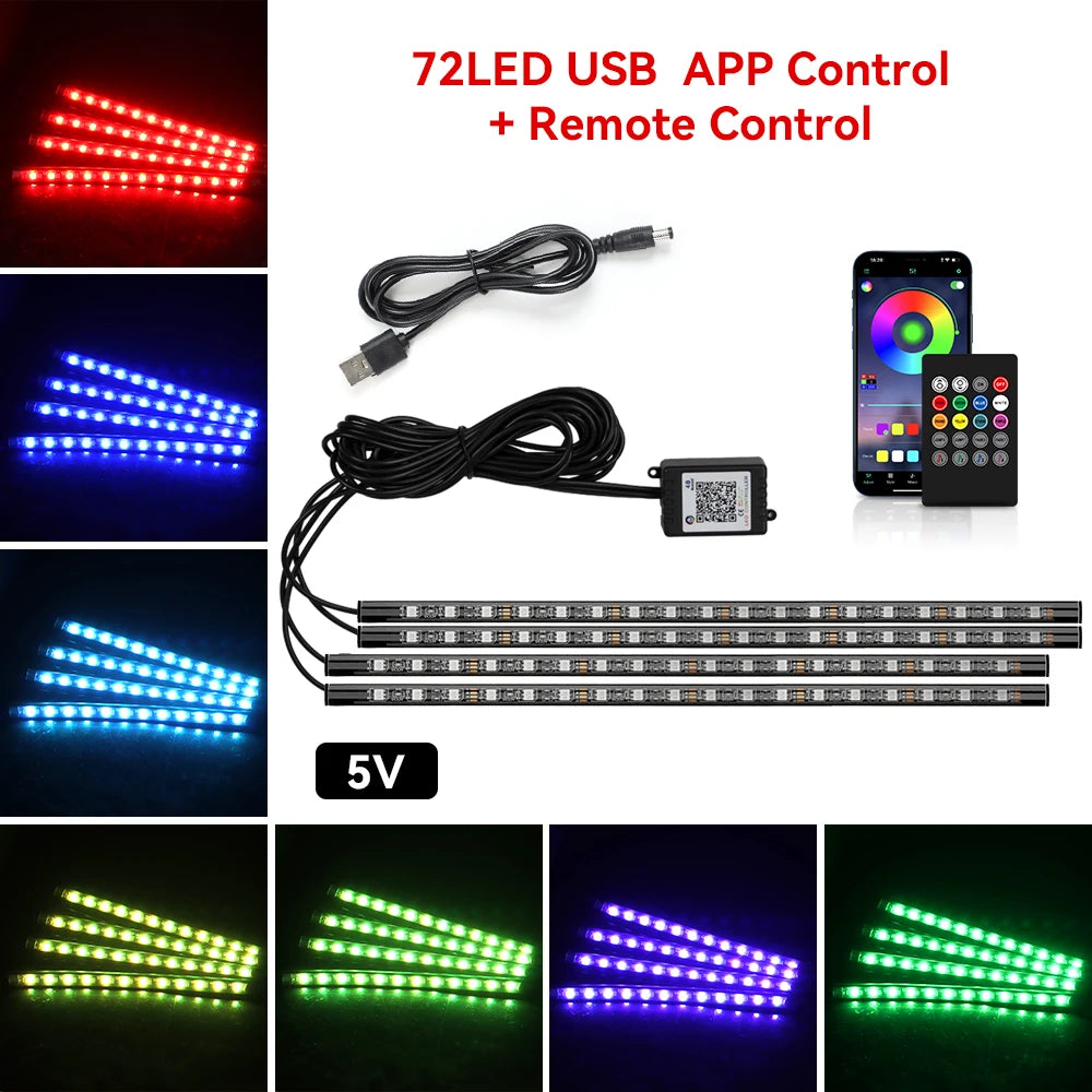 Tira LED RGB Ambiental para Interior de Auto — Control por App, Música y Mando a Distancia