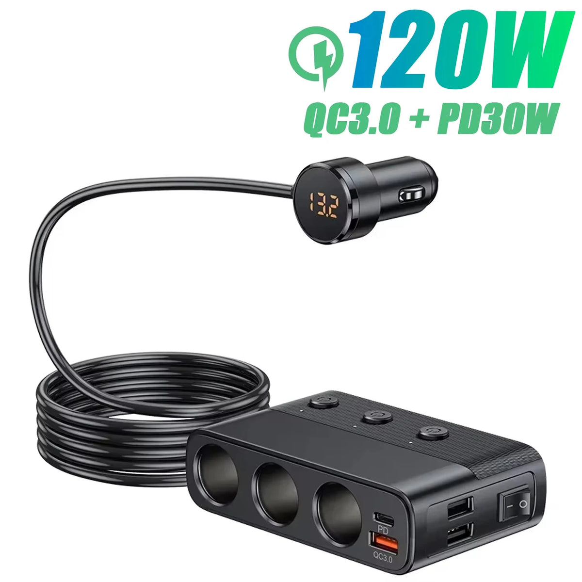 Adaptador Divisor para Auto — Cargador PD 35W + QC 3.0, USB-C y USB-A, 12V/24V