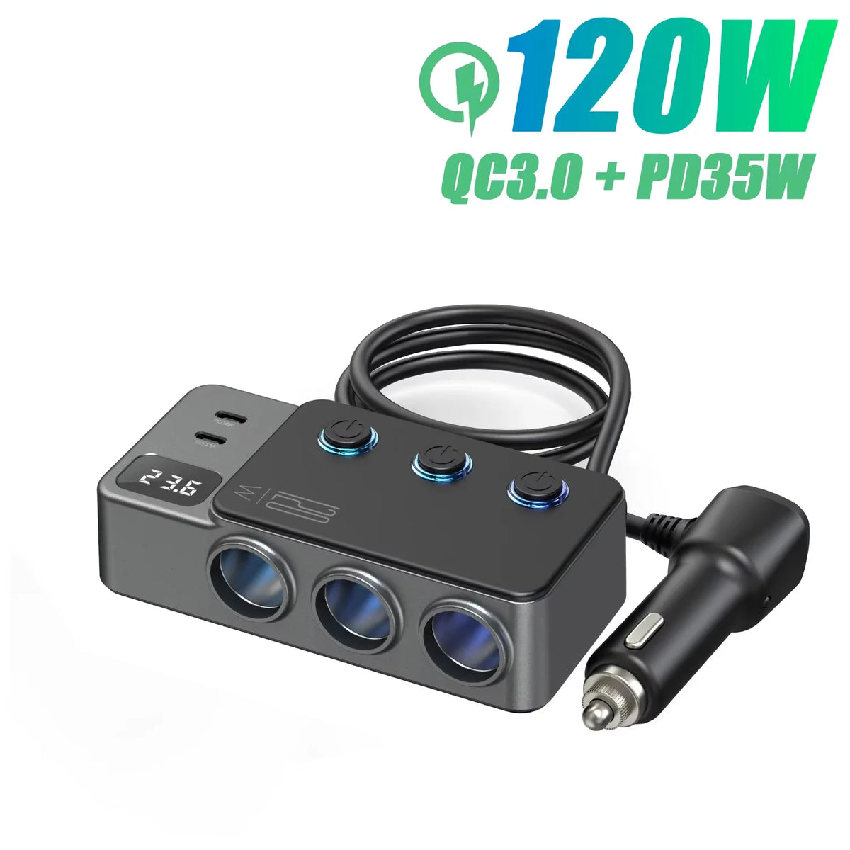 Adaptador Divisor para Auto — Cargador PD 35W + QC 3.0, USB-C y USB-A, 12V/24V
