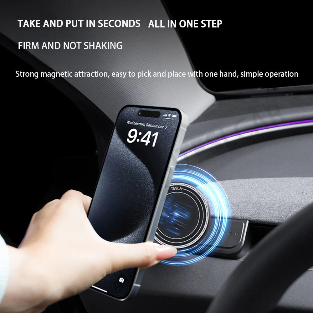Soporte Magnético para Teléfono — Tesla Model Y y Model 3, Rotación 360° Antivibraciones