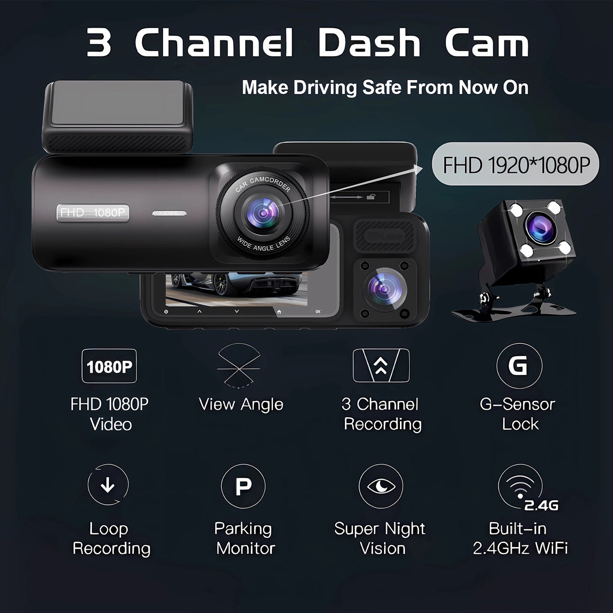 Cámara Dashcam DVR WiFi 3 Canales — Grabación Interior y Exterior