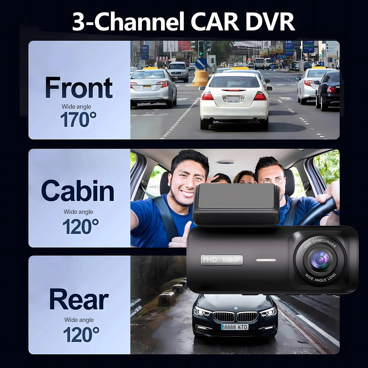 Cámara Dashcam DVR WiFi 3 Canales — Grabación Interior y Exterior