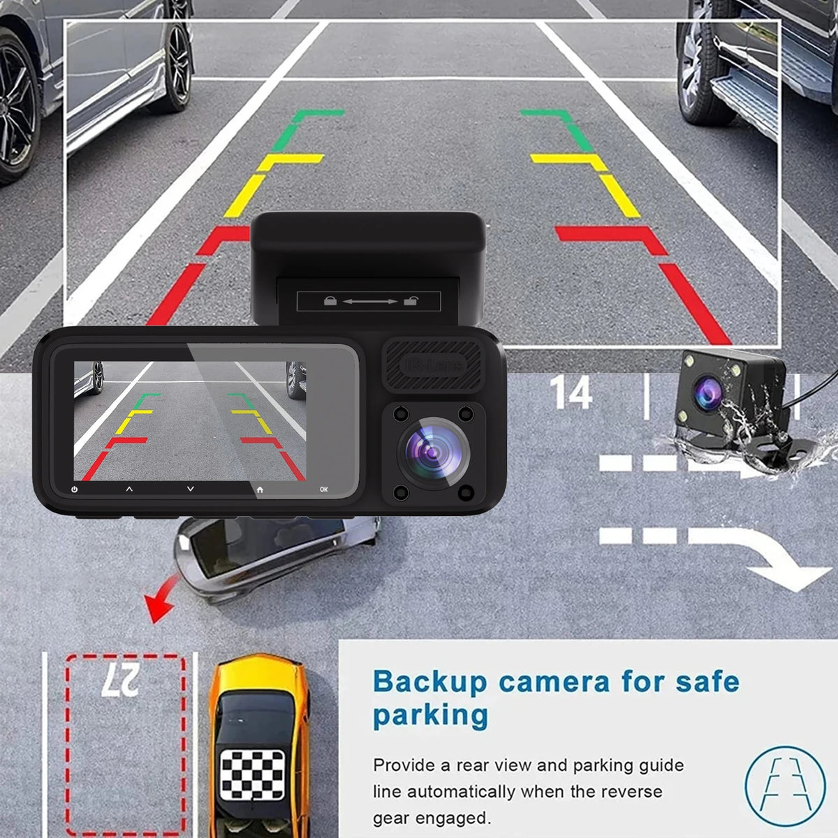 Cámara Dashcam DVR WiFi 3 Canales — Grabación Interior y Exterior