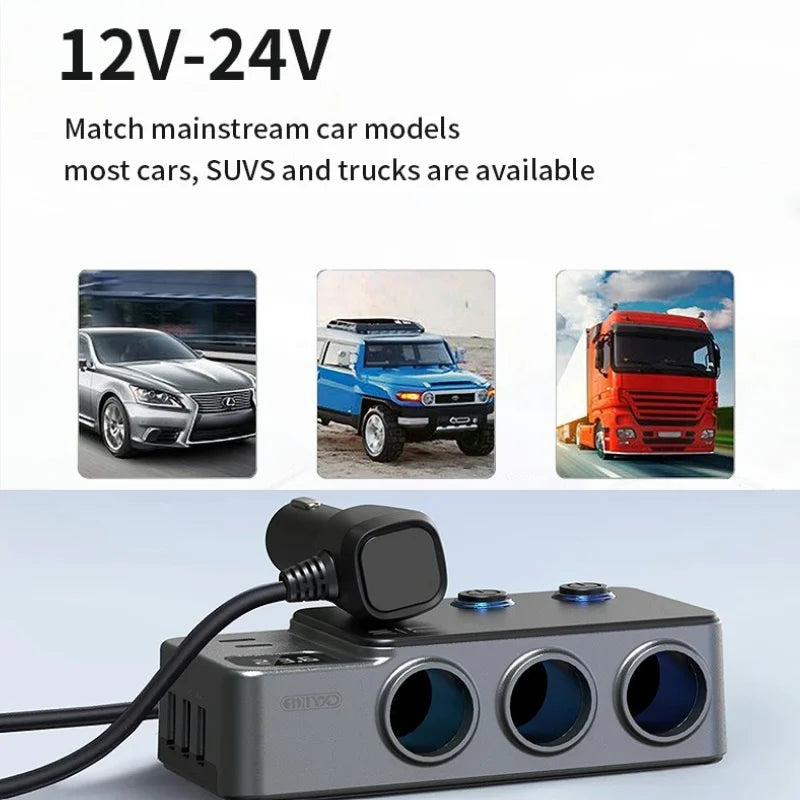 Adaptador Divisor para Auto — Cargador PD 35W + QC 3.0, USB-C y USB-A, 12V/24V
