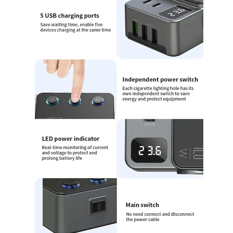 Adaptador Divisor para Auto — Cargador PD 35W + QC 3.0, USB-C y USB-A, 12V/24V