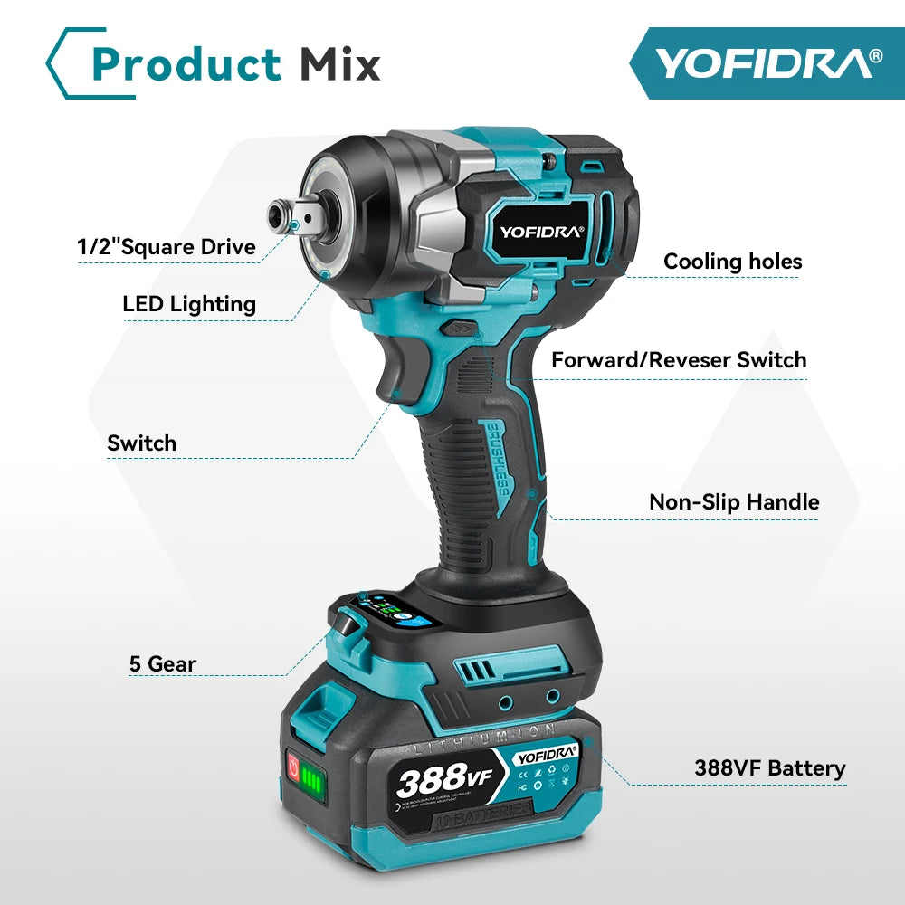 Llave de Impacto Eléctrica Sin Escobillas 1200 N·m — 5 Velocidades, 1/2", Compatible Batería Makita 18V