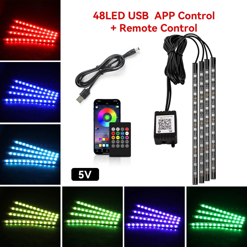 Tira LED RGB Ambiental para Interior de Auto — Control por App, Música y Mando a Distancia