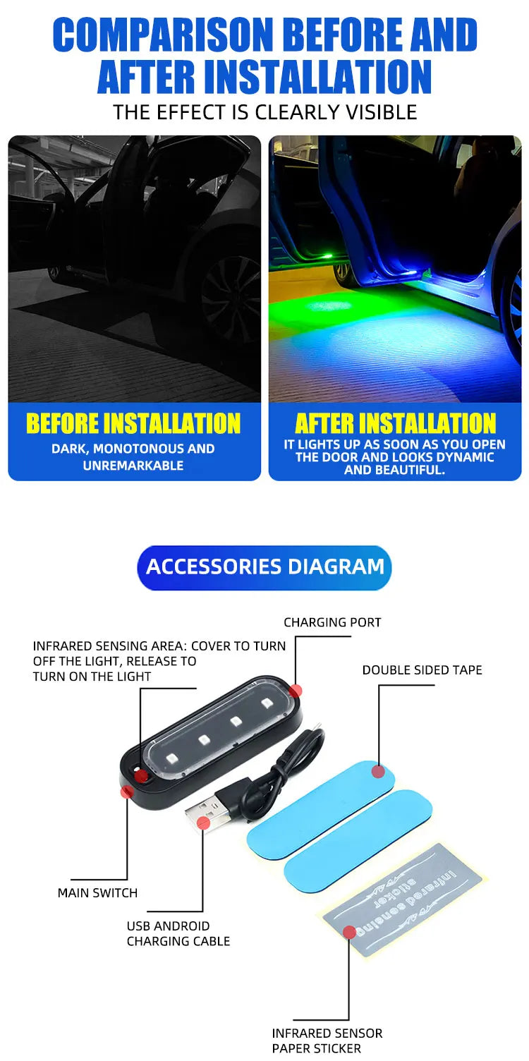 Luz de Bienvenida LED para Puerta de Auto — RGB, Inalámbrica, Anticolisión