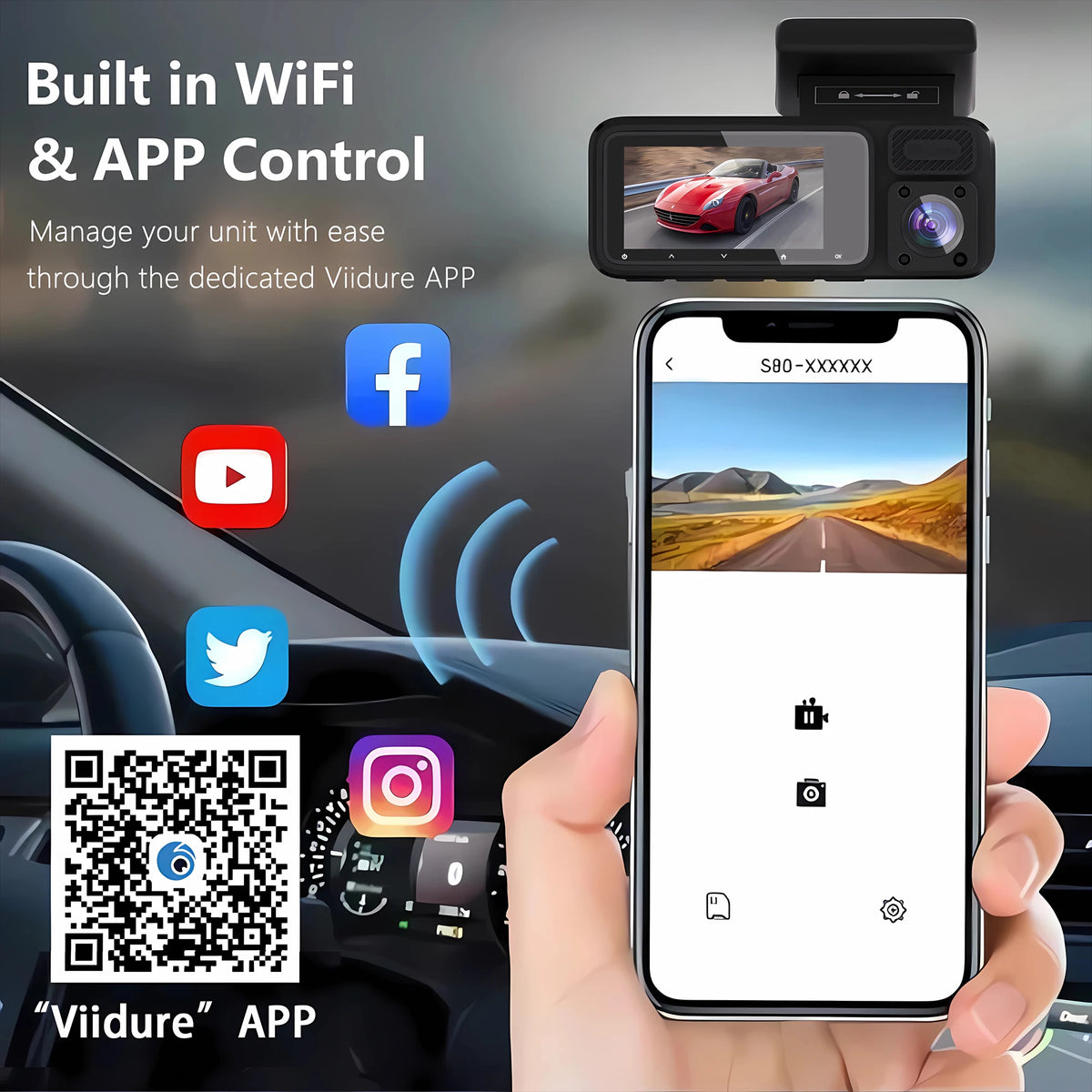 Cámara Dashcam DVR WiFi 3 Canales — Grabación Interior y Exterior