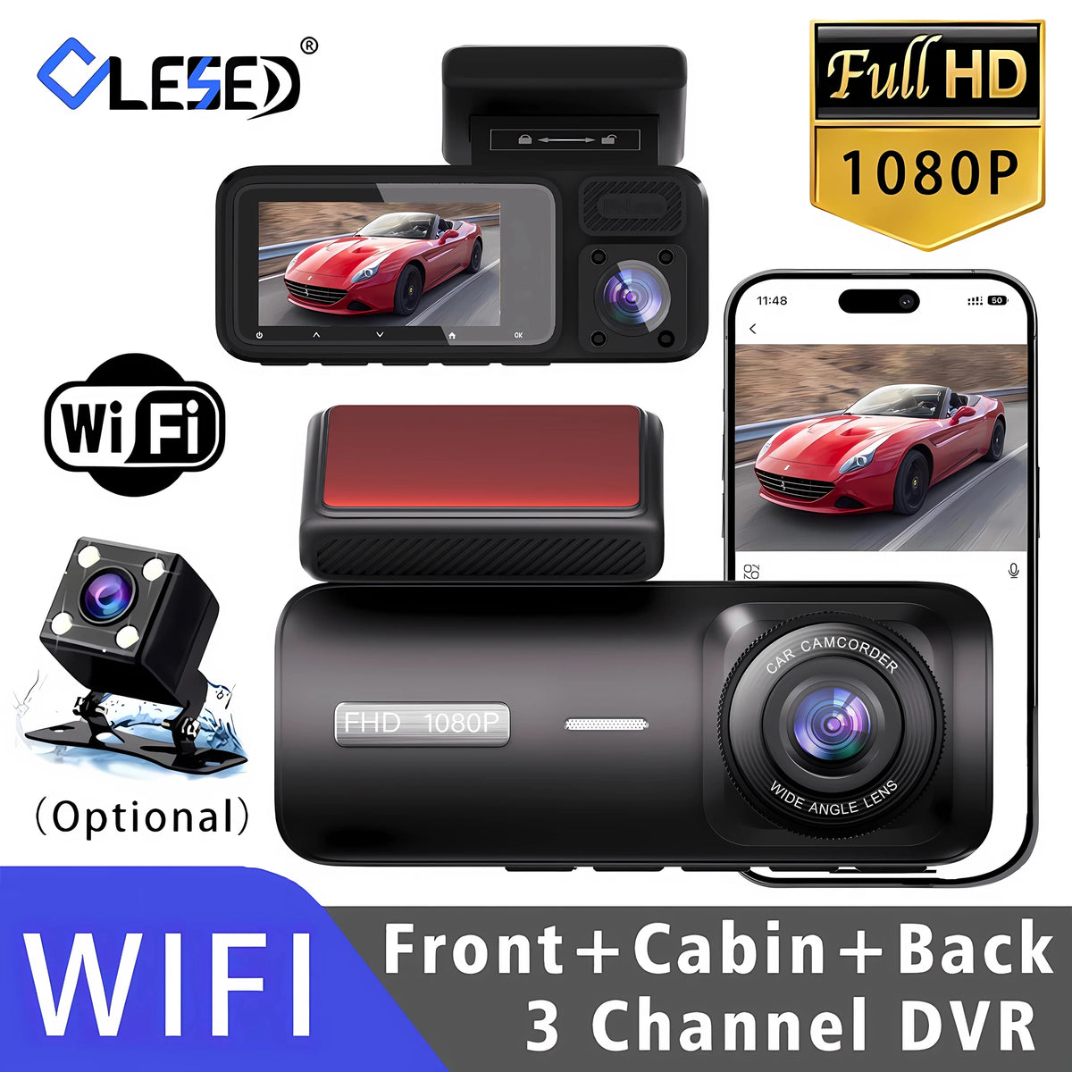 Cámara Dashcam DVR WiFi 3 Canales — Grabación Interior y Exterior