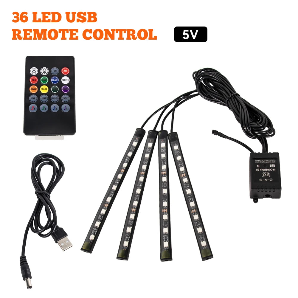 Tira LED RGB Ambiental para Interior de Auto — Control por App, Música y Mando a Distancia