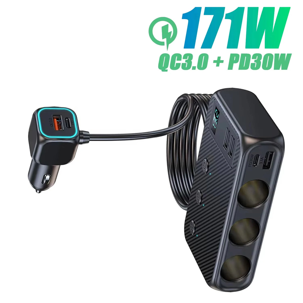 Adaptador Divisor para Auto — Cargador PD 35W + QC 3.0, USB-C y USB-A, 12V/24V