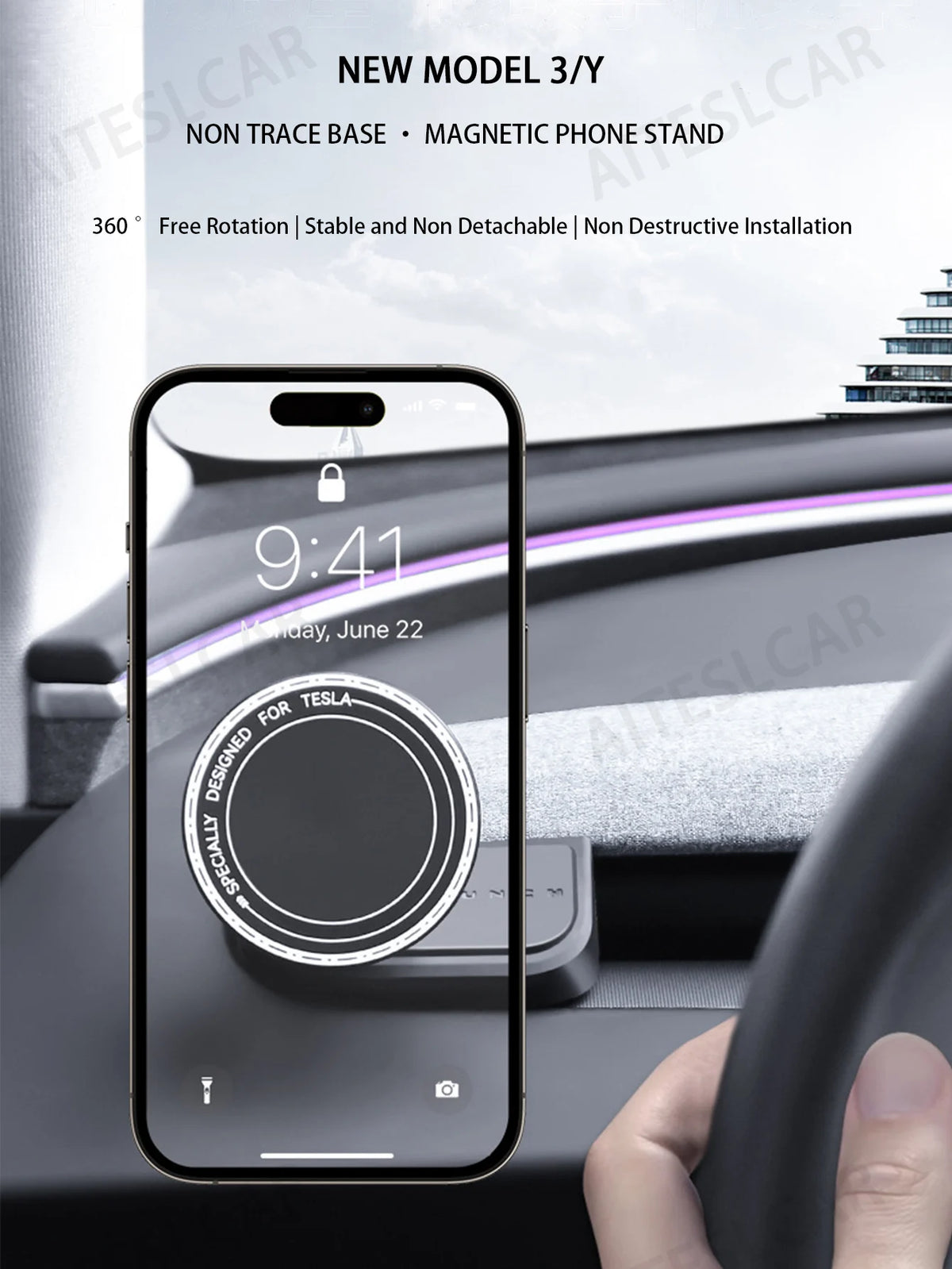 Soporte Magnético para Teléfono — Tesla Model Y y Model 3, Rotación 360° Antivibraciones