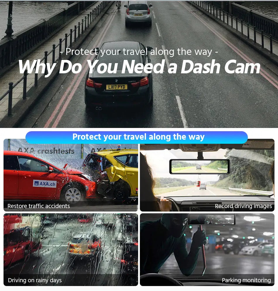 Cámara Dashcam 4K WiFi con Espejo Retrovisor 12" — Visión Trasera HD