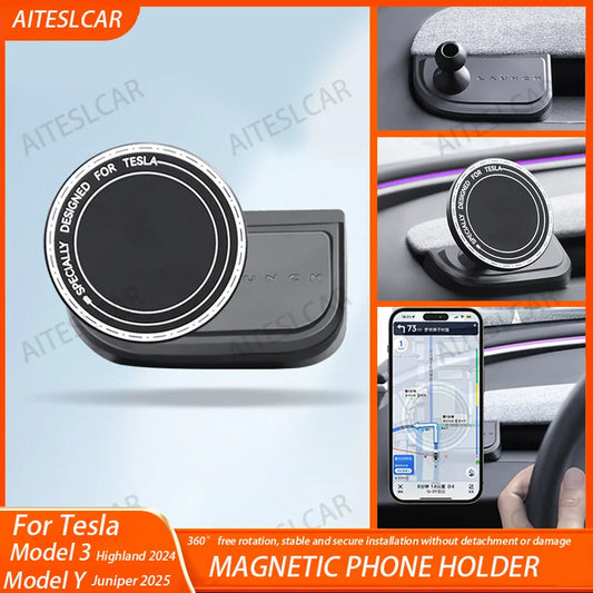 Soporte Magnético para Teléfono — Tesla Model Y y Model 3, Rotación 360° Antivibraciones