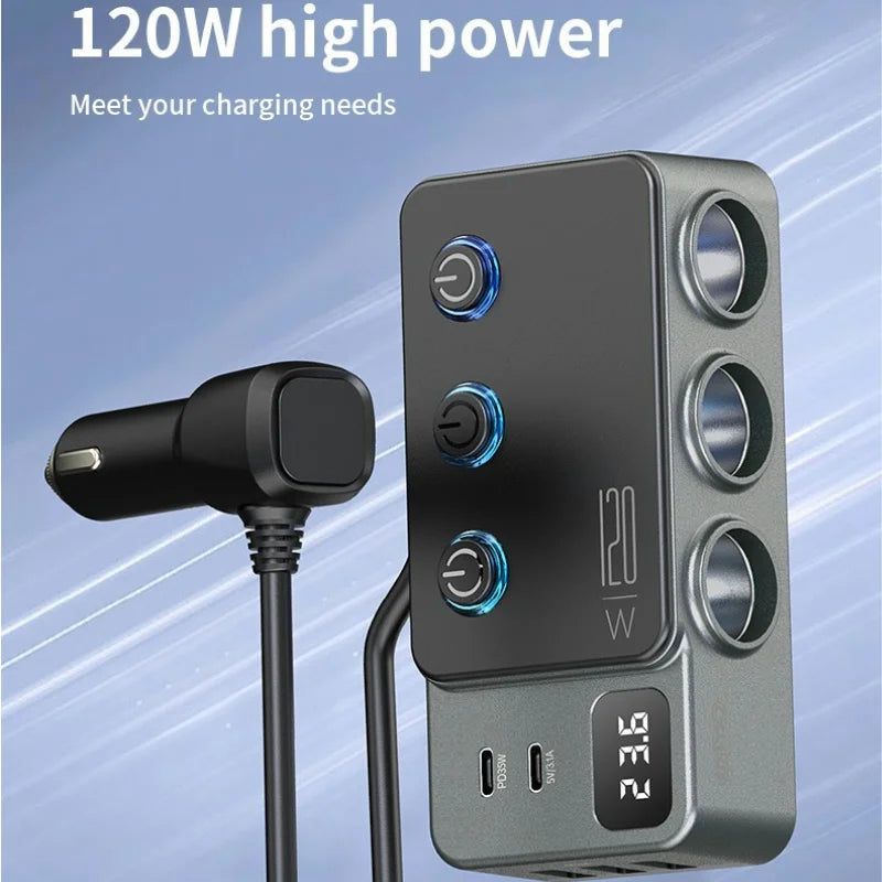 Adaptador Divisor para Auto — Cargador PD 35W + QC 3.0, USB-C y USB-A, 12V/24V