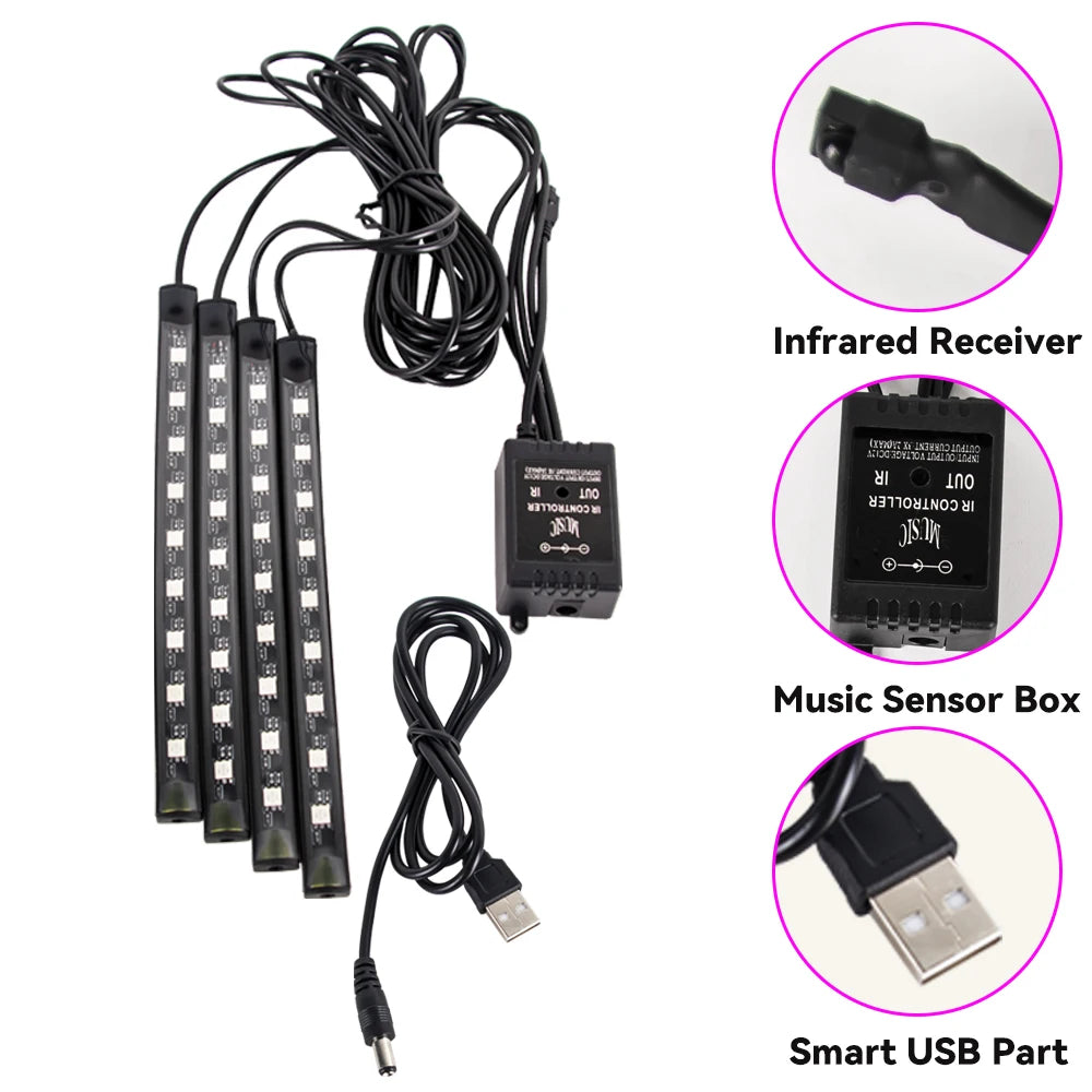 Tira LED RGB Ambiental para Interior de Auto — Control por App, Música y Mando a Distancia