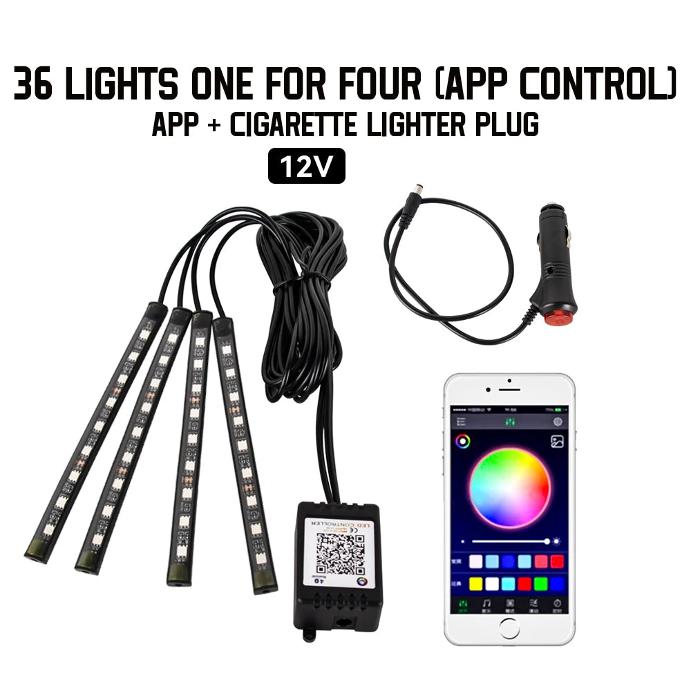 Tira LED RGB Ambiental para Interior de Auto — Control por App, Música y Mando a Distancia