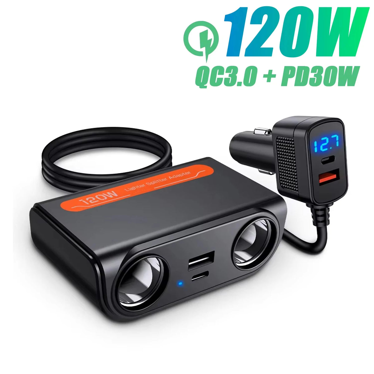 Adaptador Divisor para Auto — Cargador PD 35W + QC 3.0, USB-C y USB-A, 12V/24V