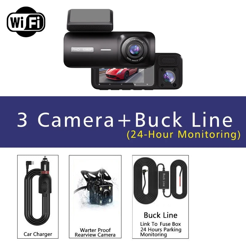 Cámara Dashcam DVR WiFi 3 Canales — Grabación Interior y Exterior