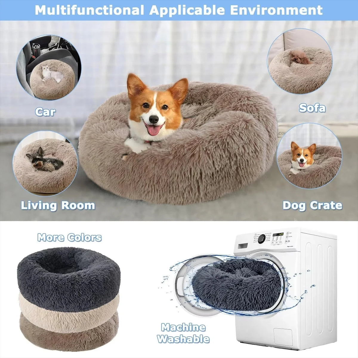 Cama Redonda de Felpa para Mascotas — Lavable, Tallas S a XL