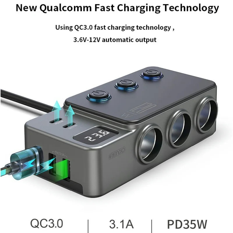 Adaptador Divisor para Auto — Cargador PD 35W + QC 3.0, USB-C y USB-A, 12V/24V