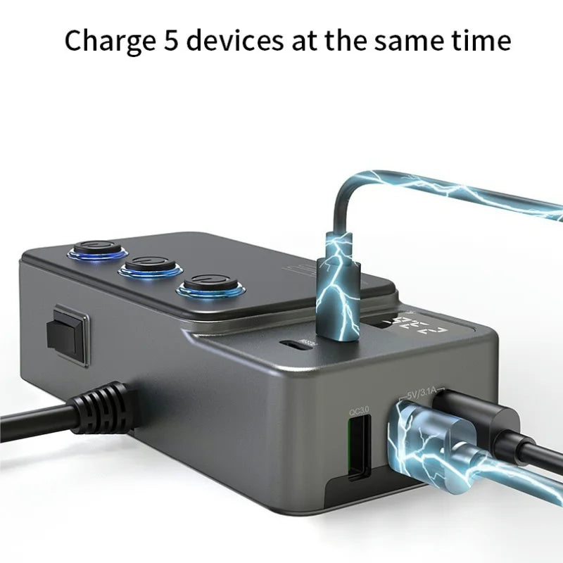Adaptador Divisor para Auto — Cargador PD 35W + QC 3.0, USB-C y USB-A, 12V/24V