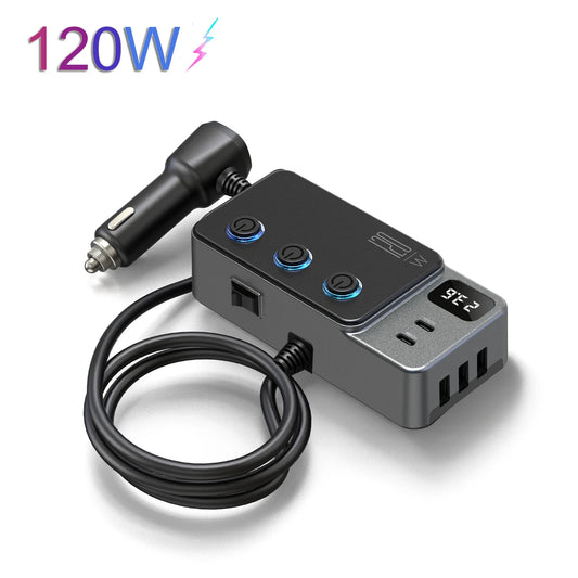 Adaptador Divisor para Auto — Cargador PD 35W + QC 3.0, USB-C y USB-A, 12V/24V