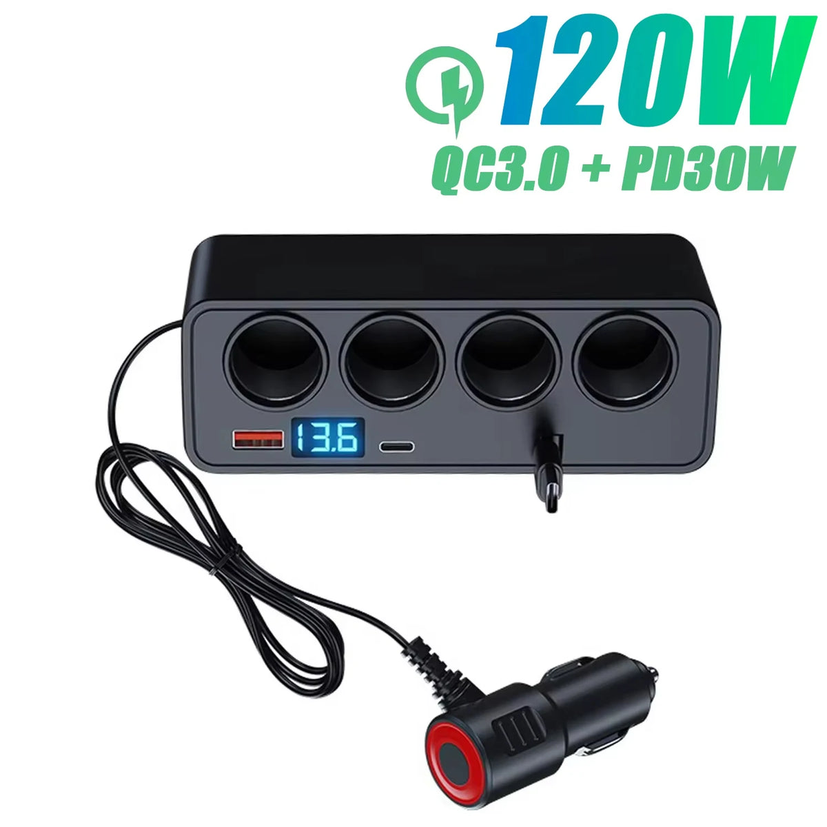 Adaptador Divisor para Auto — Cargador PD 35W + QC 3.0, USB-C y USB-A, 12V/24V