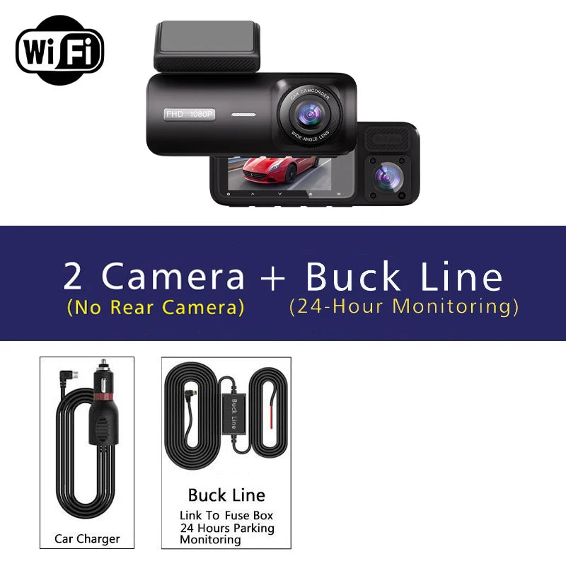 Cámara Dashcam DVR WiFi 3 Canales — Grabación Interior y Exterior