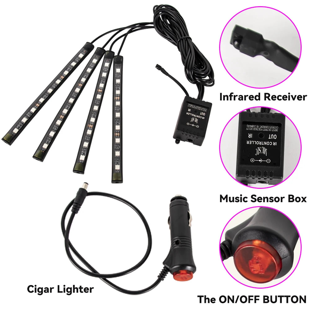 Tira LED RGB Ambiental para Interior de Auto — Control por App, Música y Mando a Distancia