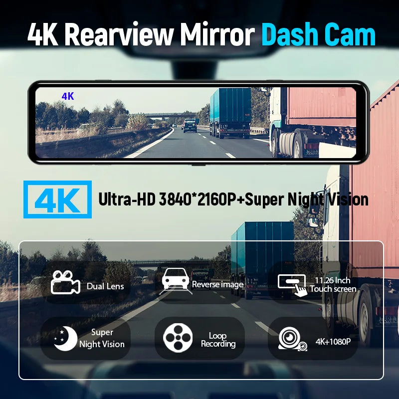 Cámara Dashcam 4K WiFi con Espejo Retrovisor 12" — Visión Trasera HD